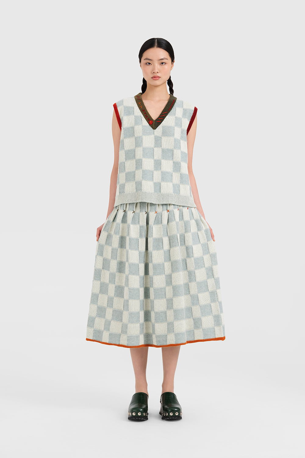 Wool Check Pleated Midi Skirt