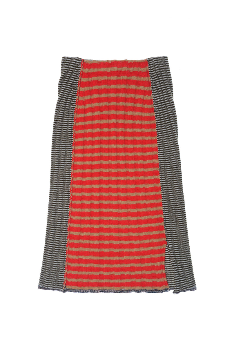 **YANYAN KNITS FOR JOYCE** Rib Midi Skirt in Poppy/Military Stripe Lambswool