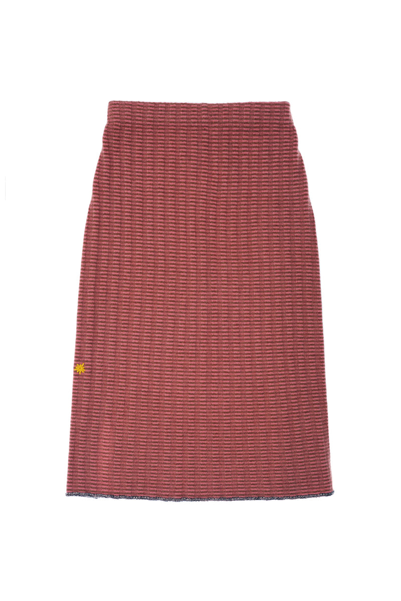 **YANYAN KNITS FOR JOYCE** Rib Midi Skirt in Oat/Rose Stripe Lambswool