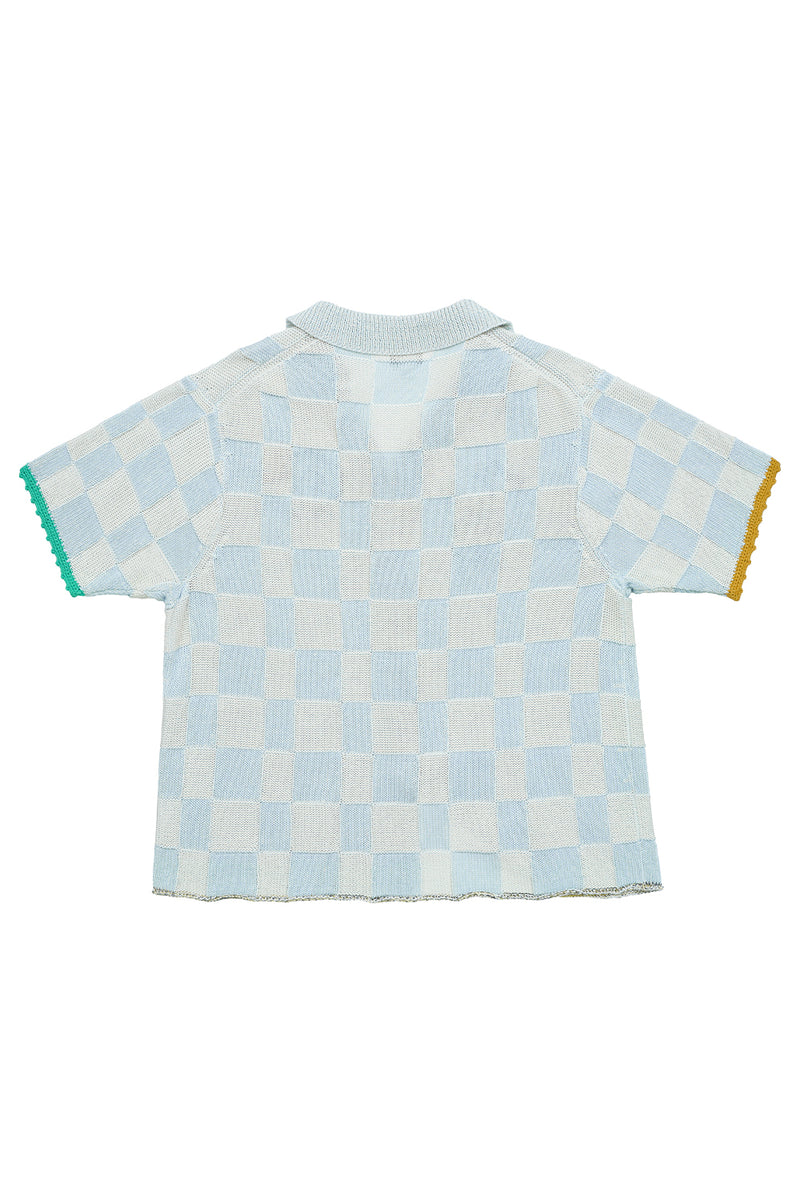 Plaited Check Oversized Short Sleeve Shirt in Sky Cotton