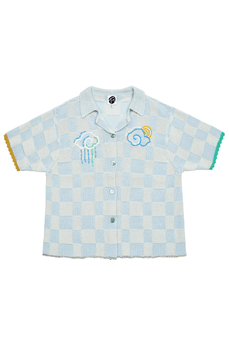 Plaited Check Oversized Short Sleeve Shirt in Sky Cotton