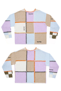 Cotton-Check Boatneck Pullover in Colorblock Chunky Cotton