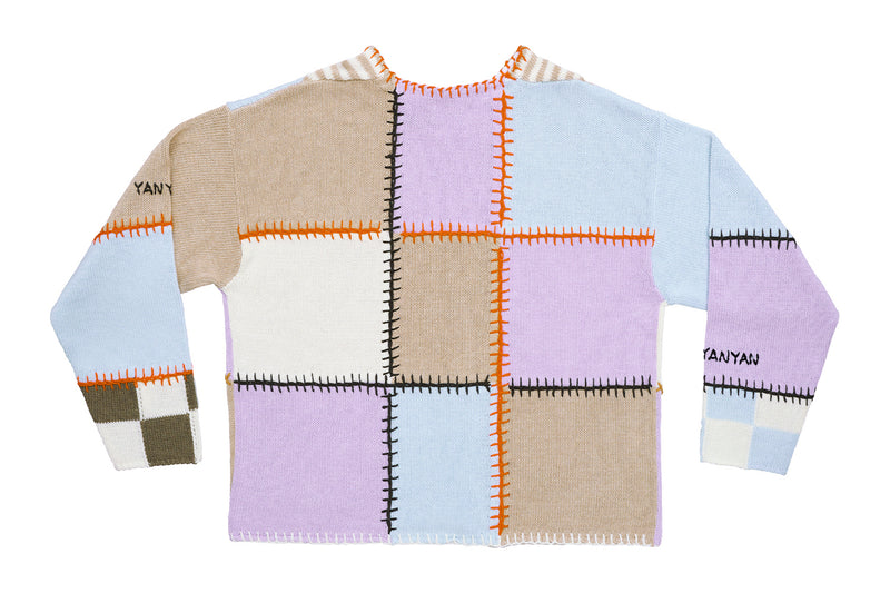 Cotton-Check Boatneck Pullover in Colorblock Chunky Cotton