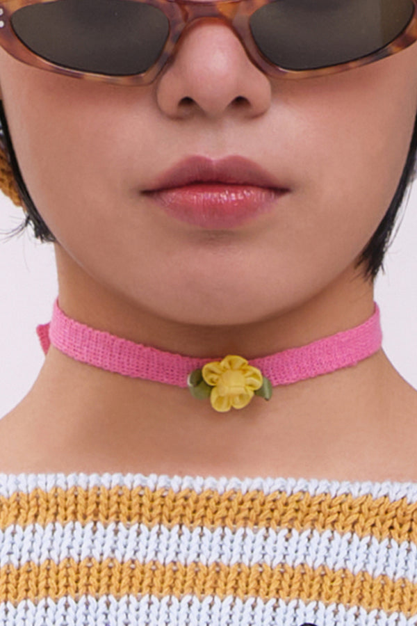 Choker in Candy Linen with Yellow Gingham Ribbon Flower
