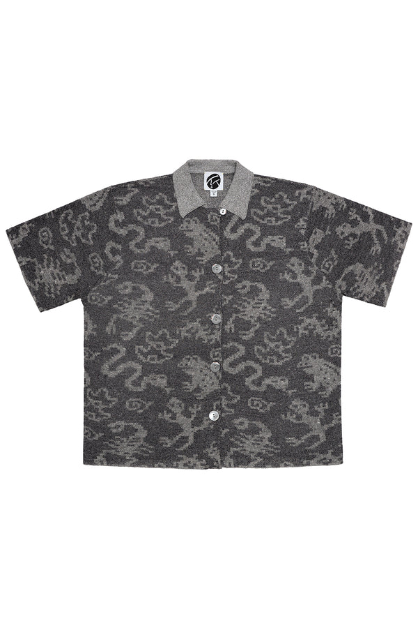 Charms Short Sleeve Beach Shirt in Charcoal Linen Jacquard