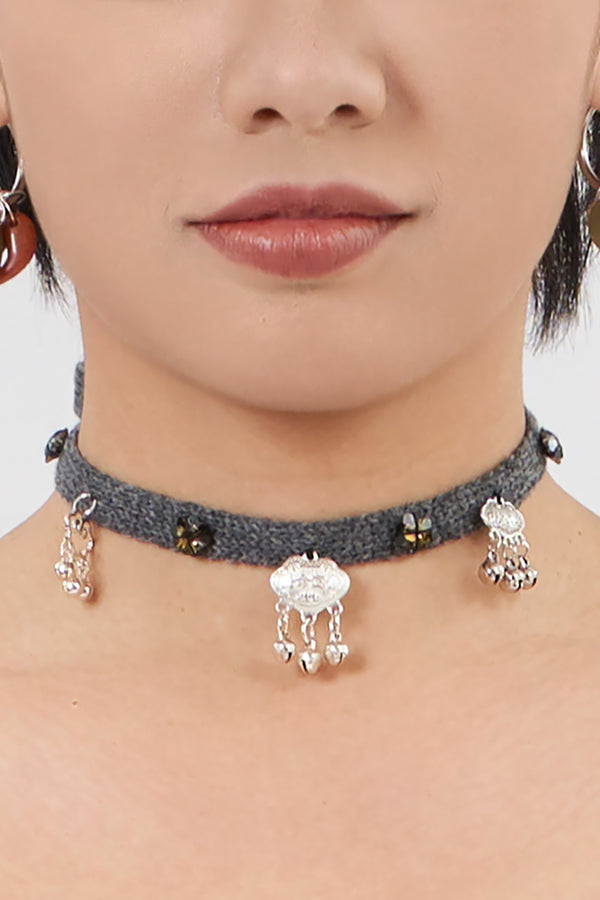 Choker in Charcoal Lambswool with Platinum Charms and Acrylic Stones