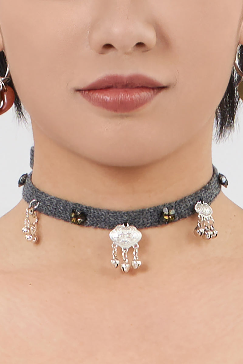 Choker in Charcoal Lambswool with Platinum Charms and Acrylic Stones