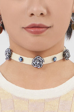 Choker in Ivory Cotton with Black/White Gingham Ribbon Flowers and Acrylic Stones