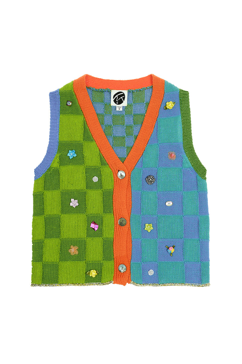 Embellished Check Waistcoat in Watermelon/Ocean Cotton Check