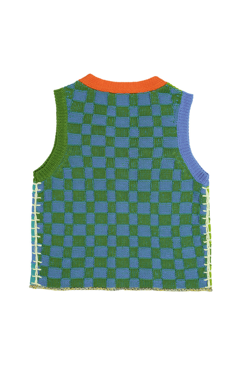 Embellished Check Waistcoat in Watermelon/Ocean Cotton Check