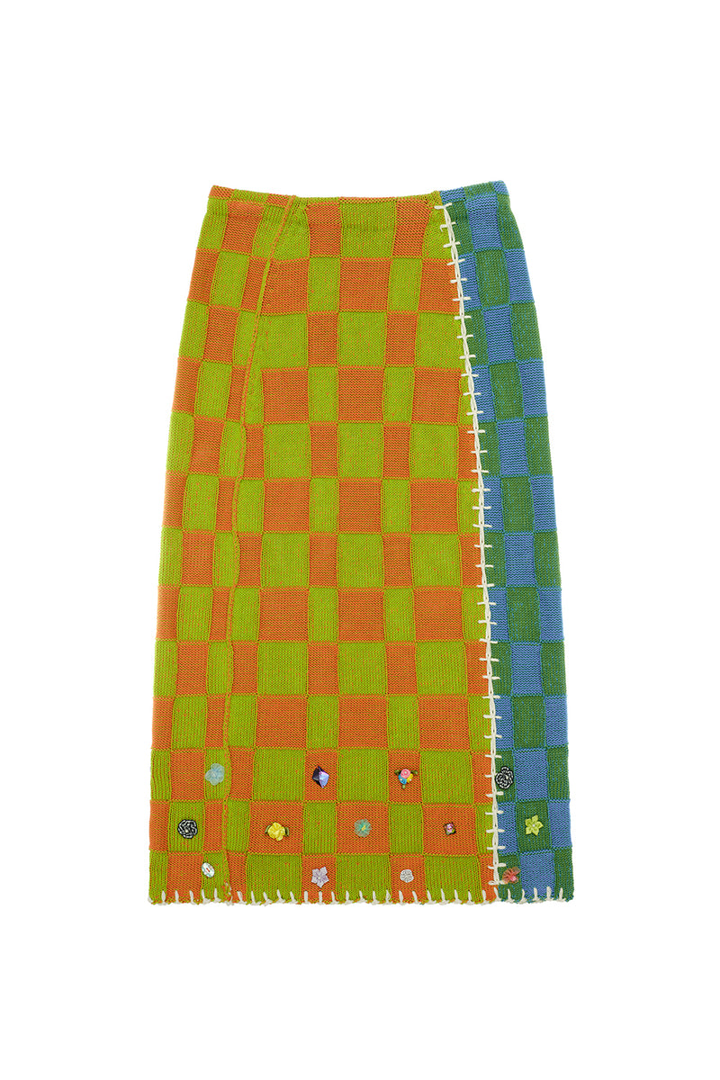 Embellished Check Midi Skirt in Citrus/Earth Cotton Check