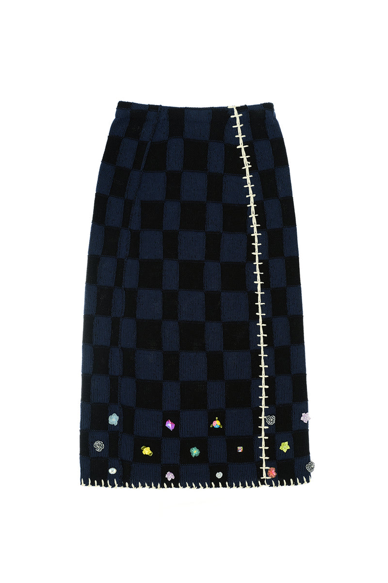 Embellished Check Midi Skirt in Midnight Cotton Check