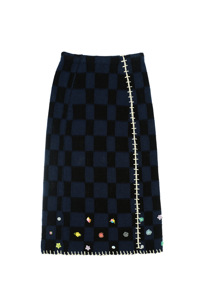 Embellished Check Midi Skirt in Midnight Cotton Check