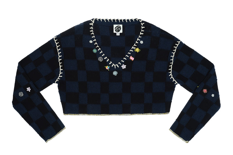 Embellished Check V-neck Cropped Pullover in Midnight Cotton Check