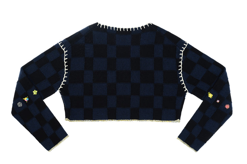 Embellished Check V-neck Cropped Pullover in Midnight Cotton Check