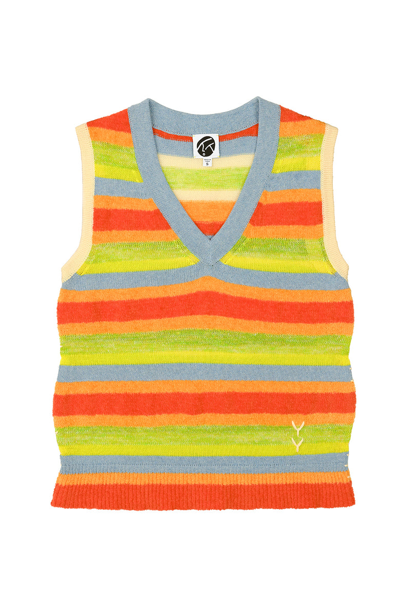 Floatee Easy V-neck Vest in Lime/Red Multi Yarn Stripe