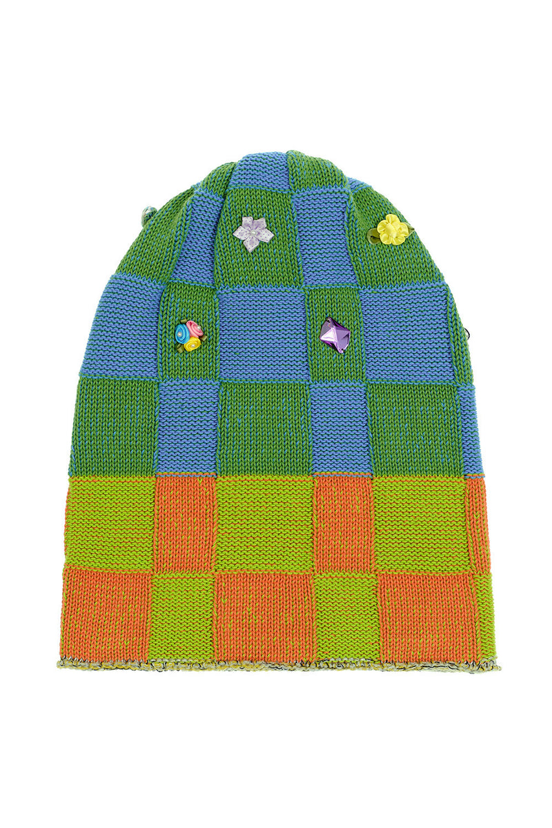 Embellished Check Beanie in Earth/Citrus Cotton Check