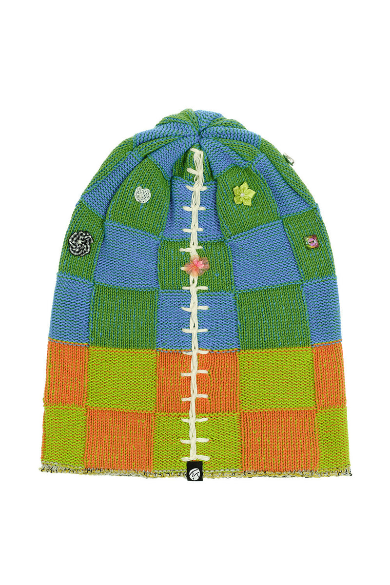 Embellished Check Beanie in Earth/Citrus Cotton Check