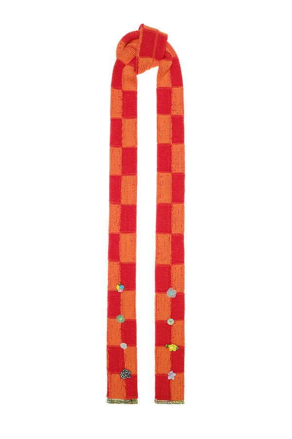 Embellished Check Skinny Scarf in Volcano Cotton Check