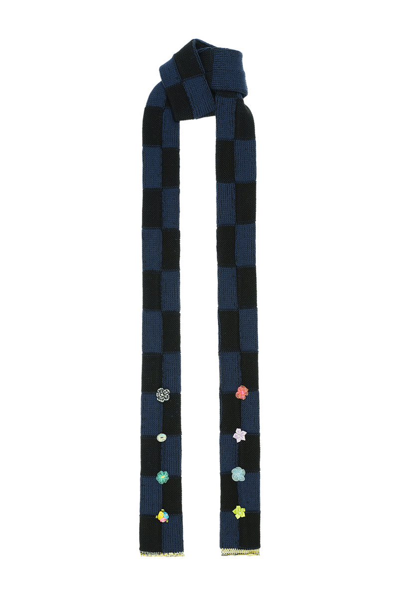 Embellished Check Skinny Scarf in Midnight Cotton Check