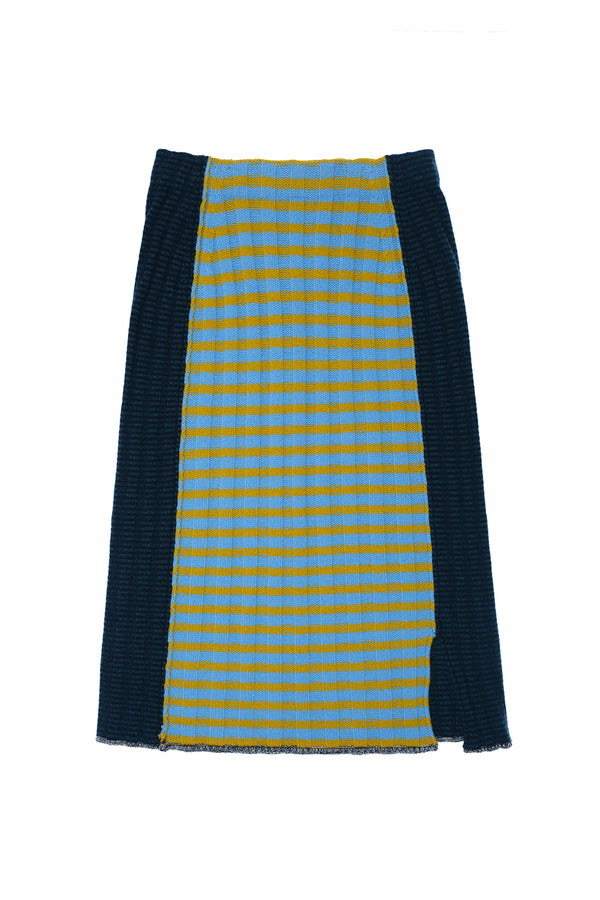 **YANYAN KNITS FOR JOYCE** Rib Midi Skirt in Blue/Navy Stripe Lambswool