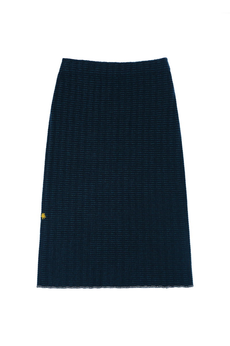 **YANYAN KNITS FOR JOYCE** Rib Midi Skirt in Blue/Navy Stripe Lambswool