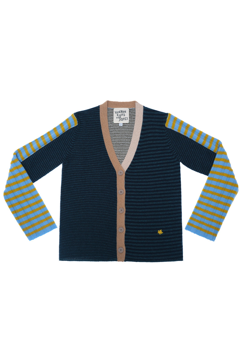 **YANYAN KNITS FOR JOYCE** Easy Cardigan in Navy/Blue Stripe Lambswool