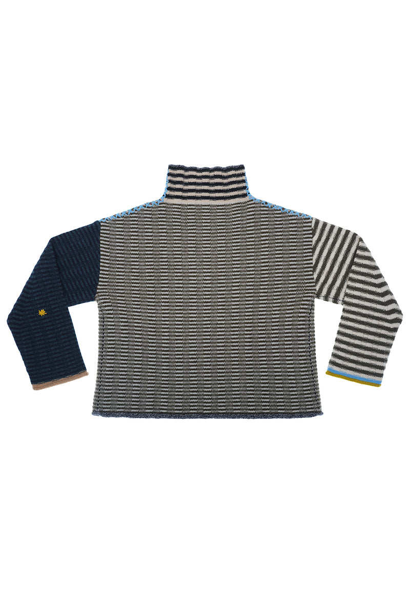 **YANYAN KNITS FOR JOYCE** Oversized Rib Turtleneck Pullover in Military/Navy Stripe Lambswool