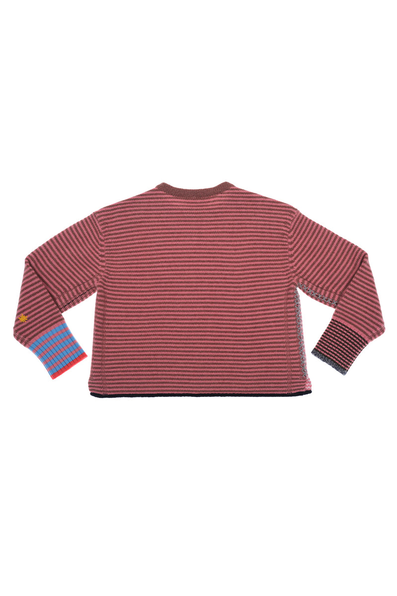 **YANYAN KNITS FOR JOYCE** Easy Long Sleeve Crew Pullover in Rose/Hazelnut Stripe Lambswool