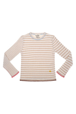 **YANYAN KNITS FOR JOYCE** Slim Long Sleeve Crew Pullover in White/Oat Stripe Lambswool