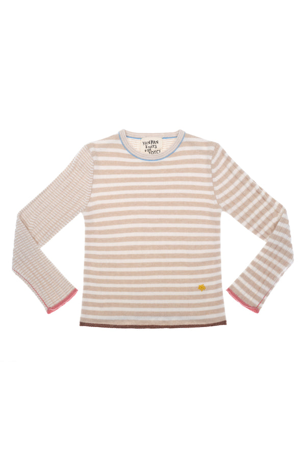 **YANYAN KNITS FOR JOYCE** Slim Long Sleeve Crew Pullover in White/Oat Stripe Lambswool