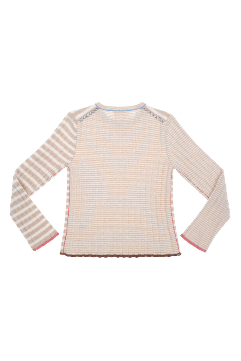 **YANYAN KNITS FOR JOYCE** Slim Long Sleeve Crew Pullover in White/Oat Stripe Lambswool