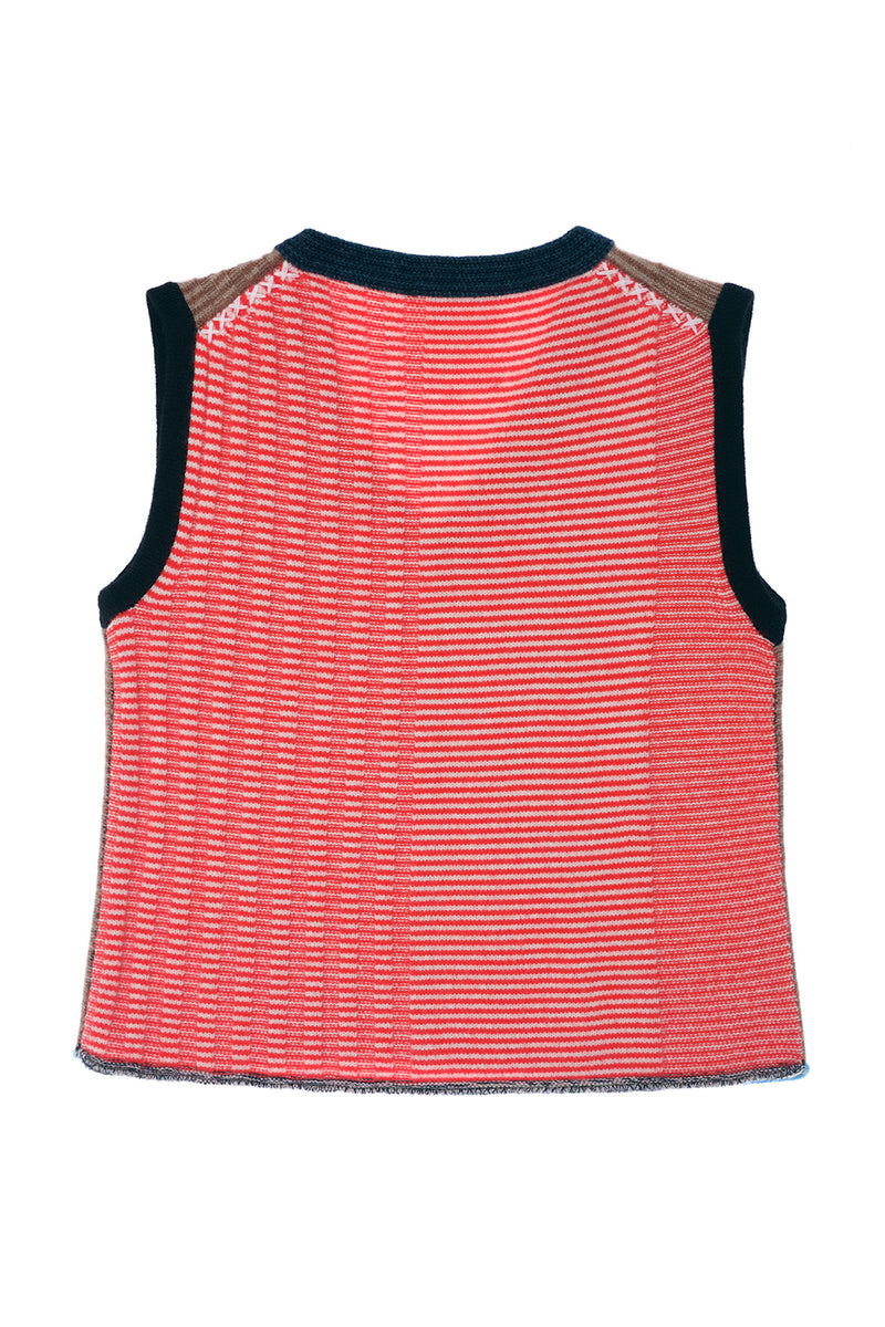 **YANYAN KNITS FOR JOYCE** Easy V-Neck Vest in Mink/Poppy Stripe Lambswool