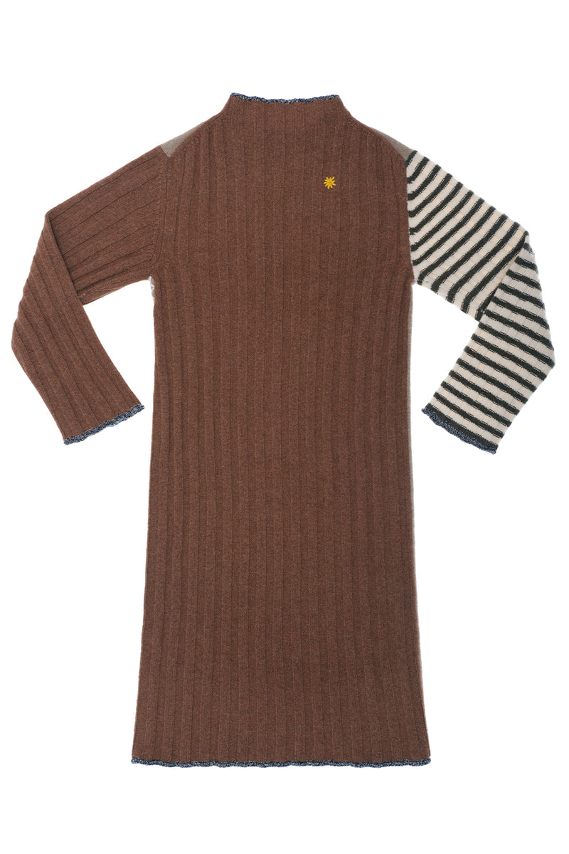 **YANYAN KNITS FOR JOYCE** Turtleneck Midi Dress in Mink/Hazelnut Stripe Lambswool