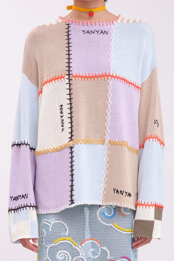 Cotton-Check Boatneck Pullover in Colorblock Chunky Cotton
