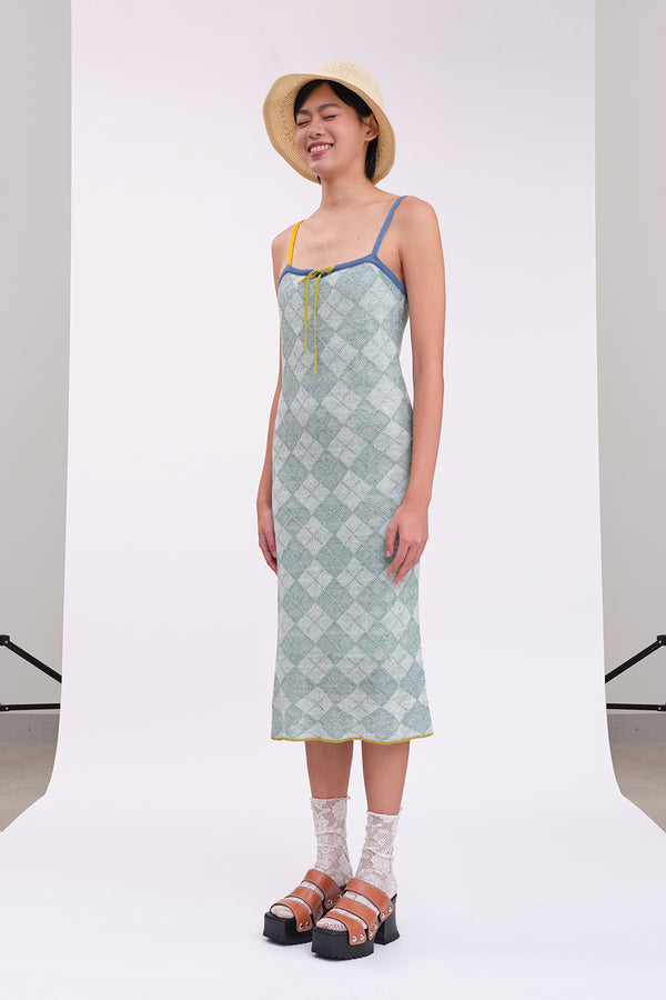 Argyle Midi Dress (Lined) in Jade Linen