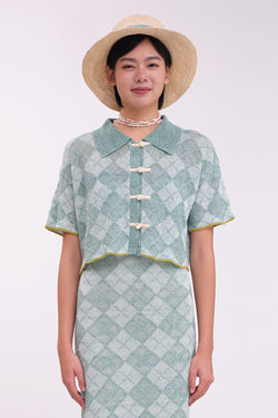 Argyle Boxy Cropped Short Sleeve Shirt in Jade Linen