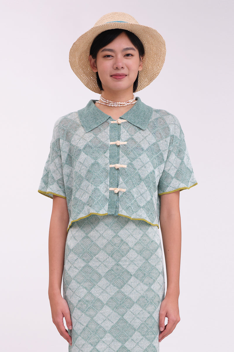 Argyle Boxy Cropped Short Sleeve Shirt in Jade Linen