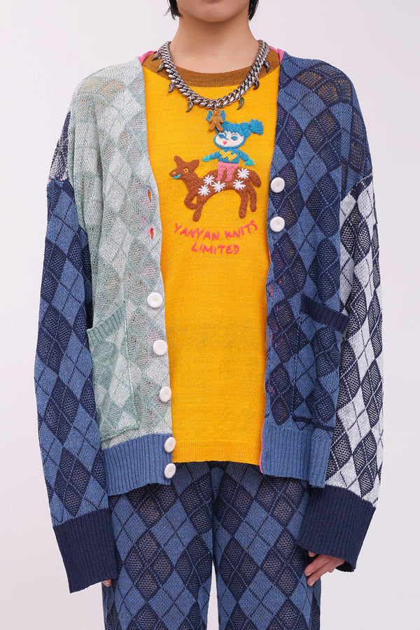 Argyle Oversized V-Neck Cardigan in Colorblock Linen