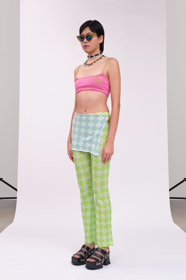 Argyle Slim Beach Pant with Apron in Lime Linen