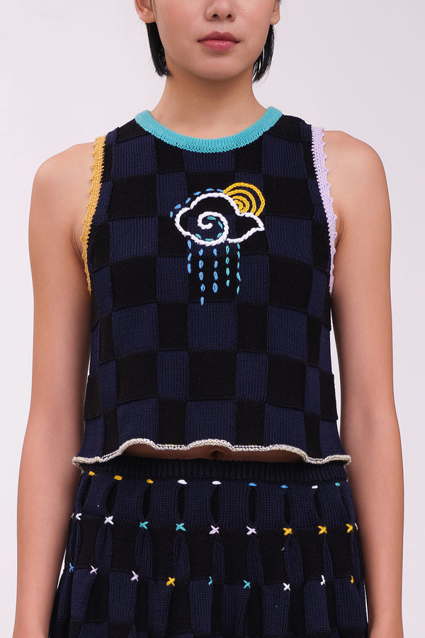 Plaited Check Tank in Midnight Cotton