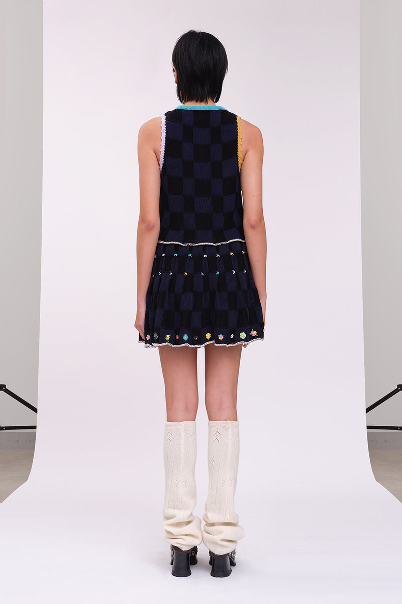 Plaited Check Pleated Skirt in Midnight Cotton