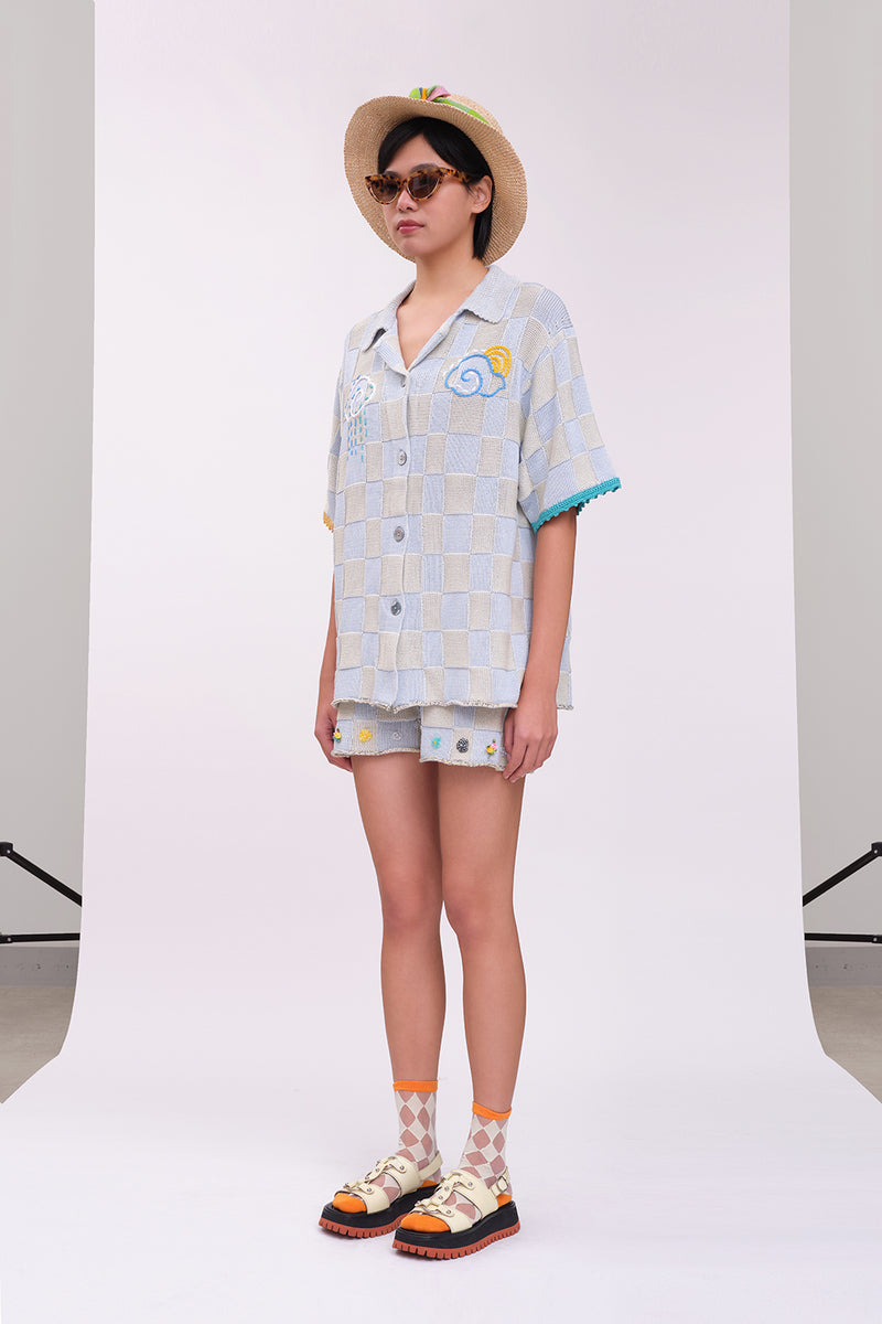 Plaited Check Oversized Short Sleeve Shirt in Sky Cotton