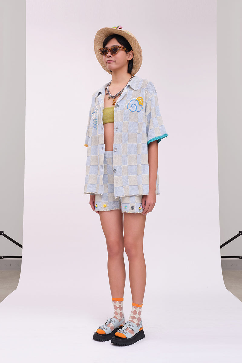 Plaited Check Oversized Short Sleeve Shirt in Sky Cotton