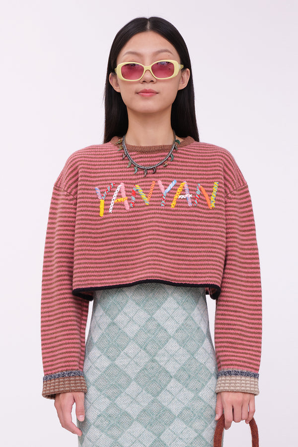 Logo Cropped Crew Pullover in Rose/Hazelnut Lambswool