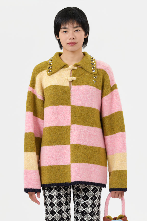 Softi Stripe Oversized Collared Pullover in Olive Multi Boucle