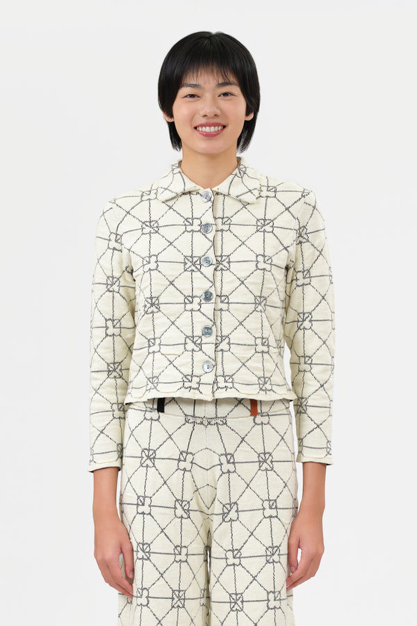 June Shrunken Work Jacket in Ivory Crinkle Jacquard