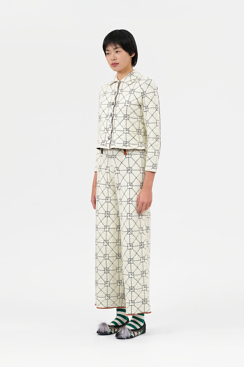 June Shrunken Work Jacket in Ivory Crinkle Jacquard