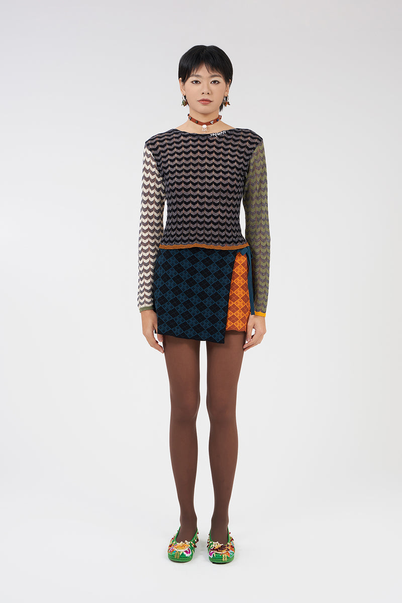 Argyle Wrap Mini Skirt in Colorblock Multi Jacquard