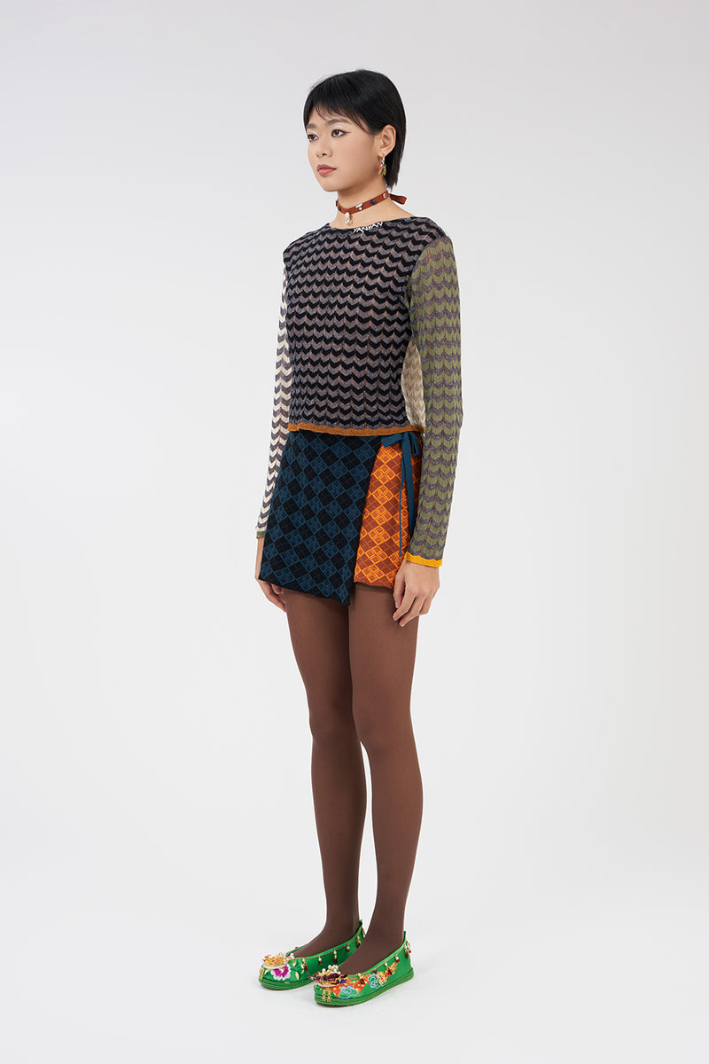 Argyle Wrap Mini Skirt in Colorblock Multi Jacquard